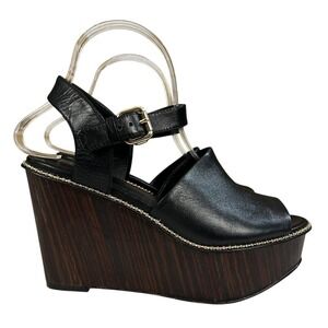 Coach Black Leather and Brown Wood Wedges
